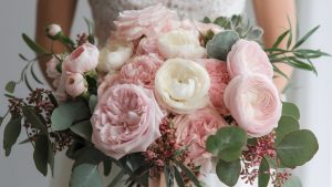 A bride in a lace wedding dress holds her wedding bouquet filled with pink roses and ivory peonies as she awaits her ceremony to start